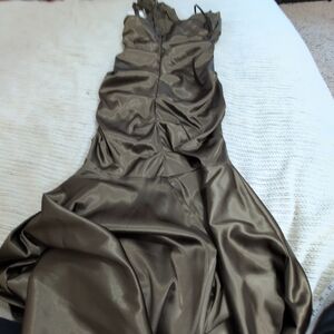 Betsy & Adam One Shoulder Satin Dress in Olive Green